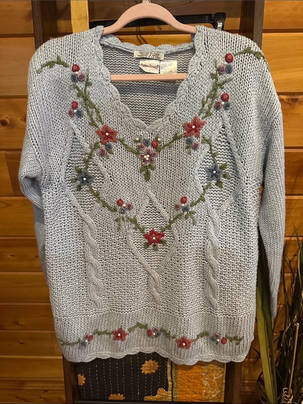 Bobbie Brooks Light Blue V-Neck hand knitted Floral Embroidered Sweater